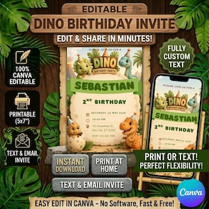 Puede incluir: Una plantilla de invitación de cumpleaños con temática de dinosaurios, con ilustraciones de dinosaurios, hojas tropicales y campos de texto editables para un 2º cumpleaños. Incluye una maqueta de teléfono móvil y etiquetas para formato imprimible de 13x18 cm y compatibilidad con Canva.