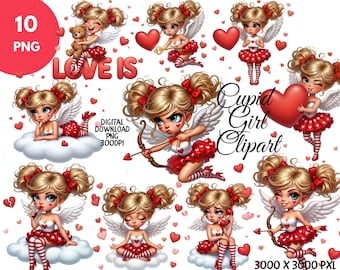 Conjunto de Clipart Kawaii Cupido Menina | PNG de Dia dos Namorados, Cupido Fantástico, Anjo de Dia dos Namorados PNG, Cupido Coração Vermelho, Dia dos Namorados
