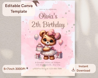 Convite de aniversário com ursinho de pelúcia rosa | Convite para festa de aniversário de menina | Convite editável para impressão no Canva, tamanho 5x7, e também para celular