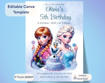 Convite de aniversário Frozen, modelo editável no Canva, convite para festa da Elsa, cartão imprimível 5x7, download instantâneo, aniversário de menina