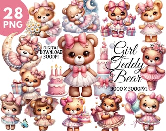 Pacote de clipart de ursinho de pelúcia em aquarela, chá de bebê rosa, ursinho de pelúcia menina PNG, uso comercial, ursinhos de pelúcia dormindo, ursinho de pelúcia para berçário