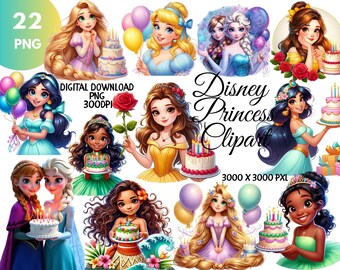 Pacote de Clipart das Princesas da Disney – Anna, Elsa, Jasmine, Cinderela, Rapunzel, Tiana, Bela – PNG, Alta Resolução, Fundo Transparente