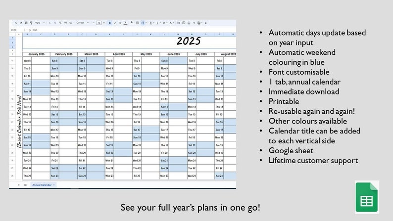 Digital Any Year Calendar Template blue Google Sheet - Etsy Australia