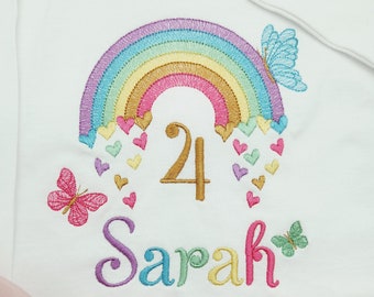 Geburtstagsshirt, Regenbogen mit Schmetterling Mädchen, Geburtstag 1 2 3 4 5 6 7 8 9 Geburtstagsshirt bestickt
