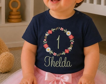 1st Birthday Flower Wreath / Personalized T-Shirt with Name and Number 1-9 / Children's Birthday Shirt / Birthday Party Outfit Gift Idea
