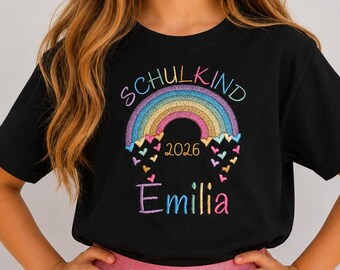 T-shirt for schoolchild starting school 2026, back-to-school gift shirt with rainbow and name for girls, first grade outfit for the first day of school