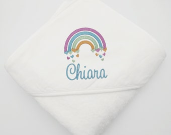 1. Geburtstag Mädchen, Kapuzenbadetuch mit Name, personalisiert, Regenbogen, Baby Badehandtuch 100x100cm Geschenk Geburt Weihnachtsgeschenk