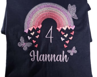 Camiseta de cumpleaños, arcoíris con mariposa niña, cumpleaños 1 2 3 4 5 6 7 8 9 camiseta de cumpleaños bordada