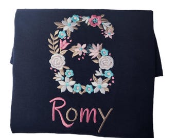Number and flower birthday shirt, 1st birthday shirt for girls, , birthday 1 2 3 4 5 6 7 8 9, embroidered flower birthday shirt, gift