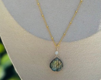 Labradorite Seashell Necklace Gold Filled Stone Pendant Unique Nautilus Shell Necklace Gemstone Shell Jewelry Coastal Trendy Pendant Shell