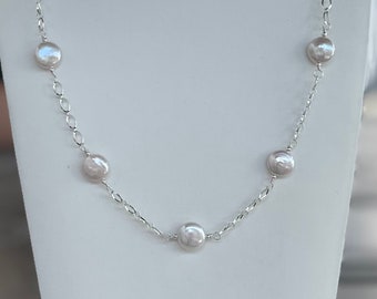 Coin Pearl Station Necklace, Pearl Station Necklace, Large Pearl Station Necklace, Handmade Classic Pearl Necklace