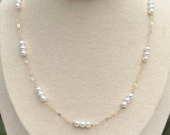 Pearl Station Necklace, Gold Filled Pearl Station Necklace, Handmade Unique Pearl Necklace