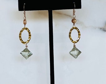 Gold Prasiolite Earrings, Green Amethyst Earrings, Natural Stone Earrings, Hammered Earrings, Green Earrings, Handmade Unique Earrings