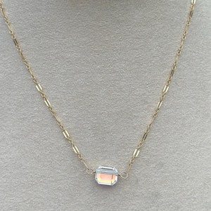 Swarovski Necklace Gold Filled Aurora Borealis Pendant AB Crystal Gold Jewelry Sparkle Rectangle Swarovski Necklace Aurora Crystal Jewelry