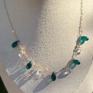 Statement Dark Green Crystal Necklace Gold Filled Unique Crystal Jewelry Emerald Green Necklace Elegant Jewelry Green Necklace Sparkly Chain