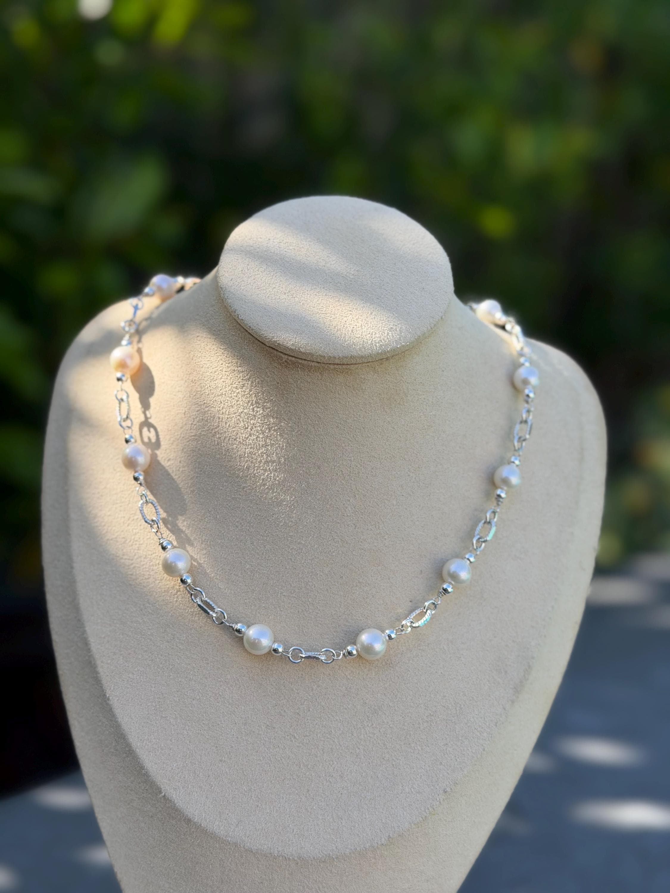 White Pearl Statement Necklace Sterling Silver Real Pearl Necklace 