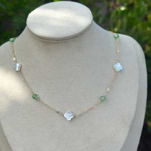 Mother of Pearl Clover Necklace Gold Filled Green Crystal Beaded Clover Jewelry Lucky Four Leaf Clover Necklace Unique White Clover Necklace