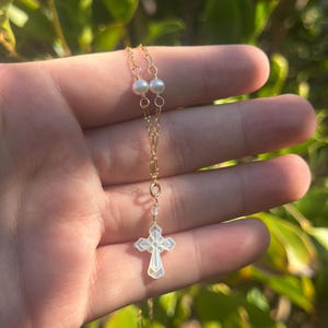 Unique Pearl Cross Necklace Gold Filled Religious Jewelry Classic Cross Necklace Religious Cross Jewelry Mother of Pearl Cross Necklace Gold