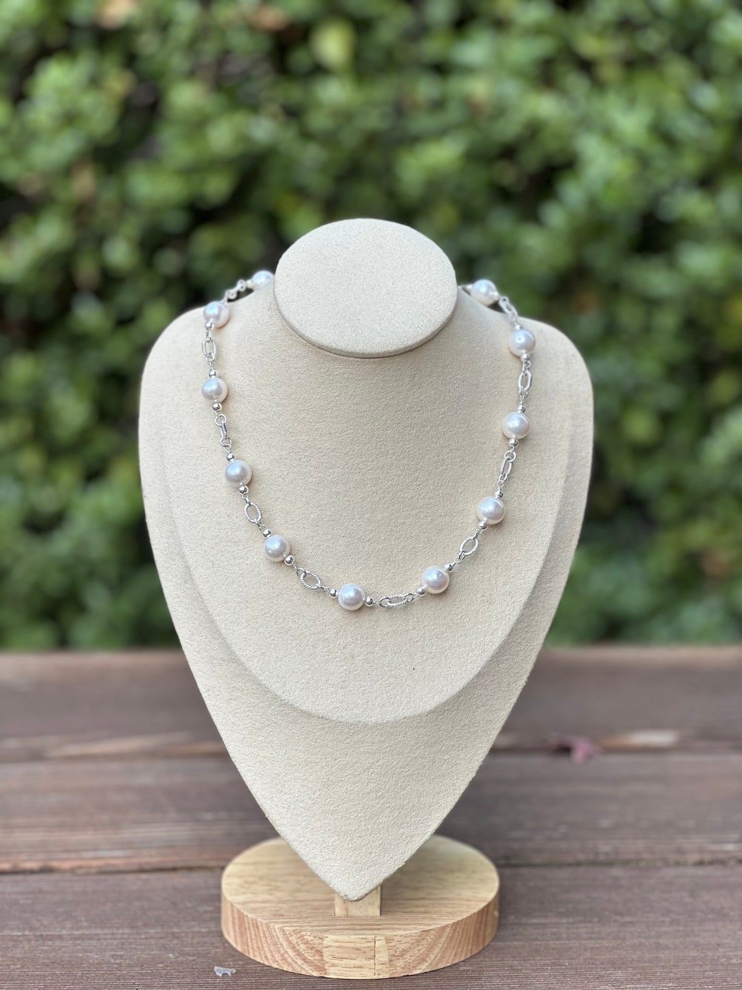White Pearl Statement Necklace Sterling Silver Real Pearl Necklace