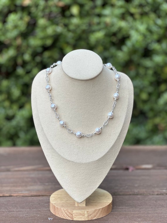 White Pearl Statement Necklace Sterling Silver Real Pearl Necklace