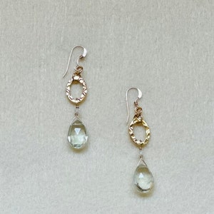 Gold Prasiolite Earrings, Green Amethyst Earrings, Natural Stone Earrings, Green Earrings, Hammered Earrings, Gold Drop Earrings, Handmade