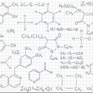 May include: A handwritten page filled with chemical formulas and equations. The page is divided into a grid pattern and contains various chemical symbols, including H, O, N, C, and S. The formulas are written in blue ink.