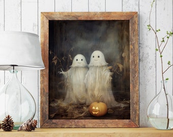 Söt spökkonsttryck med ark, Halloween vintage väggkonst, läskig väggdekor, vintage Halloween-målning, Dark Academia rumsdekor