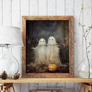 UNFRAMED Sheeted Ghost Art Print,Halloween Vintage Wall Art,Spooky Wall Decor,Cute Ghost Face Gothic Abandoned Art,Dark Academia Room Decor