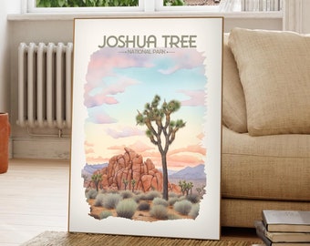Joshua Tree National Park Watercolor Travel Poster - US National Parks - Soft Pastel Tones - Colorful Landscape Wall Art