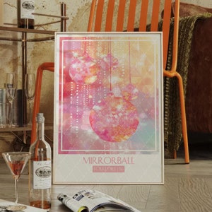 May include: A framed poster with a colorful abstract design of a disco ball with the text "Mirrorball" and "Four On The Floor" printed below the design.