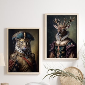 Deer and Leopard Vintage Portrait Set of 2 Royal Pet Print Set Animal Head Human Body Funny Poster Altered Art Print Unique Poster Set
