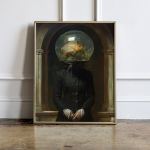 Fish Head Woman Victorian Vintage Painting Altered Moody Poster Banksy Art Prints Renaissance Psychedelic Funky Alter Art Eclectic Wall Art