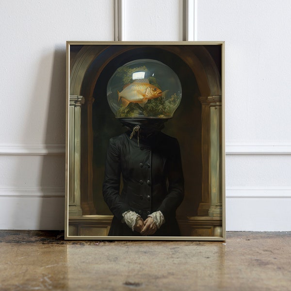 Fish Head Woman Victorian Vintage Painting Altered Moody Poster Banksy Art Prints Renaissance Psychedelic Funky Alter Art Eclectic Wall Art