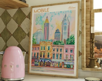 Mobile Alabama Watercolor Art Print - Downtown Mobile City Print - Alabama Travel Poster - World Cities Wall Art - Pastel Colors Travel Art