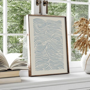 Tableau beige et bleu ciel, motif vagues, affiche minimaliste bohème côtier, art esthétique, art mural bleu bébé, dessin au trait vagues