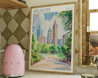 Atlanta Georgia Watercolor Travel Poster, World Travel Art, Georgia Wall Art, Dorm Room Wall Decor, Gift For Traveler