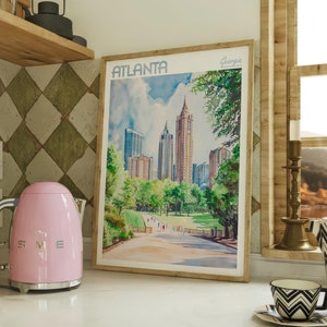 Cartel de viaje de acuarela de Atlanta Georgia, arte de viajes mundiales, arte de la pared de Georgia, decoración de la pared del dormitorio, regalo para el viajero