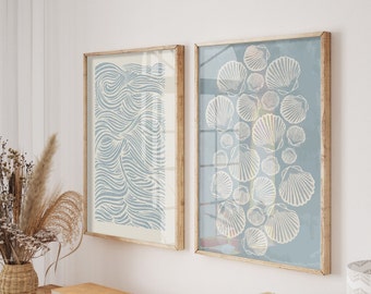 Beige And Sky Blue Painting Set of 2, Coastal Boho Minimalist Poster Set, Aesthetic Art, Baby Blue Wall Art, Oysters and Waves Line Art