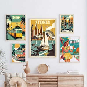 Eclectic Travel Print Gallery Wall Set of 5, Aesthetic Retro Art Print, Miami Sydney Amsterdam Lisbon Vintage Poster Set