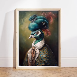 Retrato vintage de pavo real victoriano, pintura de animales, retrato de animales renacentista, póster divertido de animales, impresión artística alterada LISTA PARA ENMARCAR