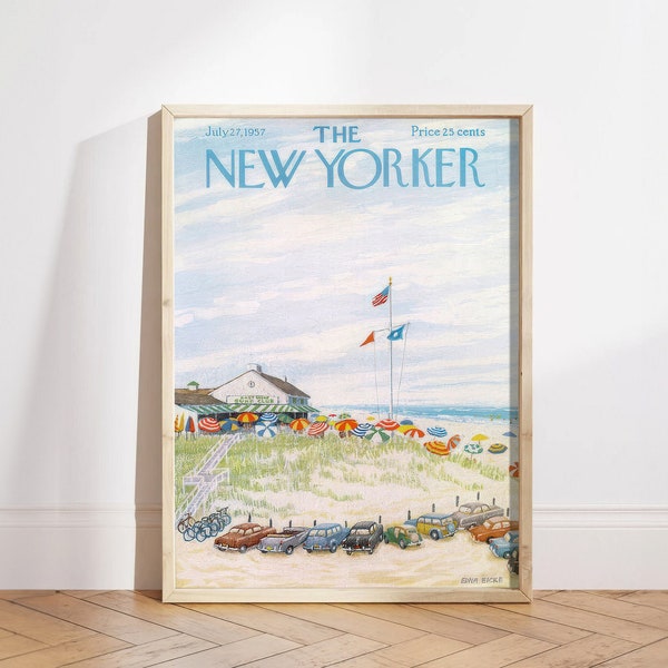 New Yorker Magazine Cover July 27 1957 Poster , Blue And White Trendy Art, Retro Poster, Retro Beach Poster Print, Vintage Art