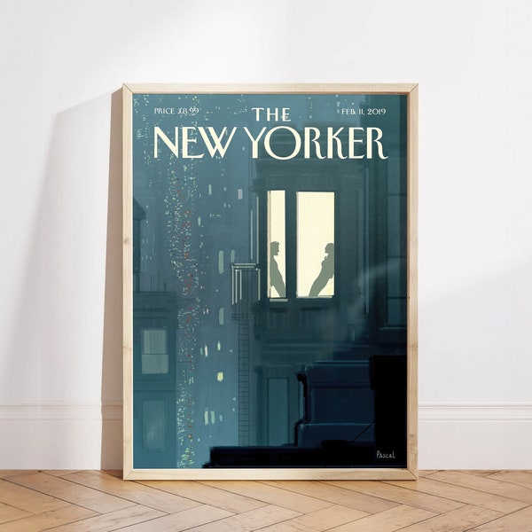 New Yorker Magazine Cover February 11 2019, Blue Trendy Art, Retro Lovers Poster, Melancholic Vintage Poster Print, Evening in the Apartment