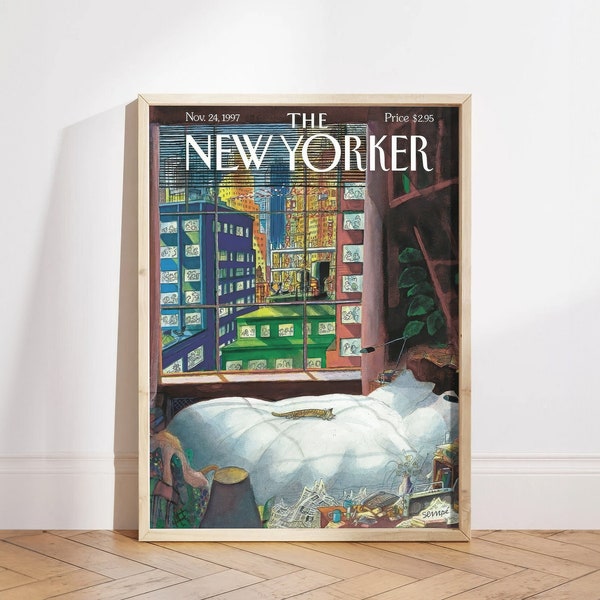 New Yorker Magazine Cover November 24 1997 Poster , Green and White Trendy Art, Retro Poster, Retro Cat an Chill Poster Print, Vintage Art