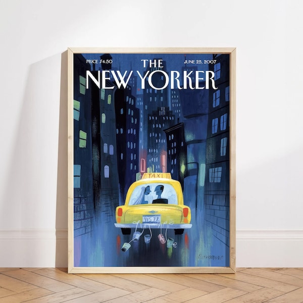 New Yorker Magazine Cover June 25 2007, Wedding Car Taxi Trendy Art, Lovers Poster Print, Taxi on the Street at Night