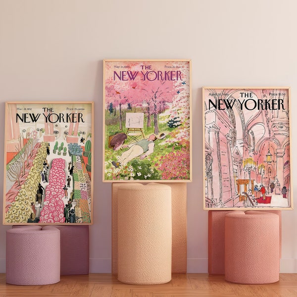 Lot de 3 affiches de couverture de magazine New Yorker, affiches d'art rétro tendance, 3 affiches roses pour couverture de magazine, impression d'art vintage, prêt à encadrer