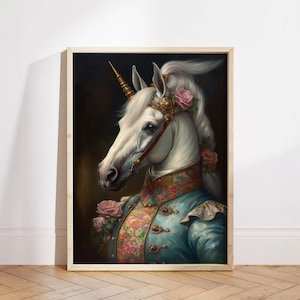 Victorian Unicorn Horse Vintage Portrait, Renaissance Animal Portrait, Royal King Animal Painting, Animal Funny Poster, Altered Art Print