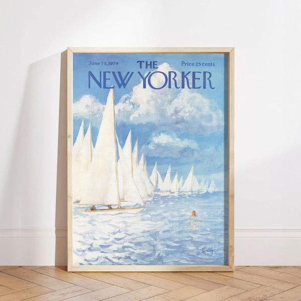 New Yorker Magazine Cover June 13 1959 Poster , Blue Trendy Art, Retro Poster, Retro Sail and Sea Poster Print, Vintage Art