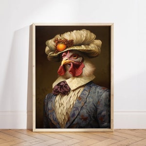 Mr. Huhn Vintage Portrait, Geschenk für Tierliebhaber, Renaissance Tier Portrait, einzigartiger Kunstdruck, lustiges Huhn Poster