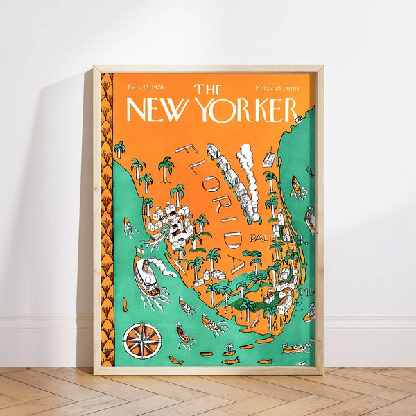 New Yorker Magazine Cover February 13 1926 Poster , Florida Palm Trendy Art, Retro Poster, Retro Ships City Poster Print, Vintage Art