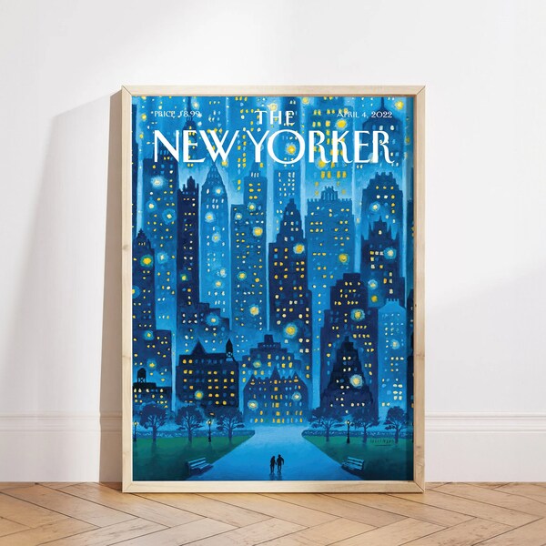 New Yorker Magazine Cover April 4 2022 Poster , Blue Trendy Art, Retro Poster, Retro City and Ligths Poster Print, Vintage Art